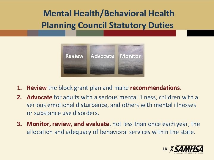 Mental Health/Behavioral Health Planning Council Statutory Duties Review Advocate Monitor 1. Review the block