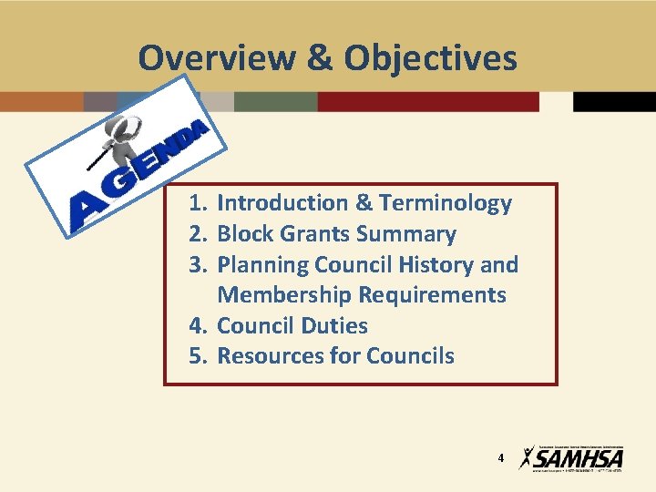 Overview & Objectives 1. Introduction & Terminology 2. Block Grants Summary 3. Planning Council