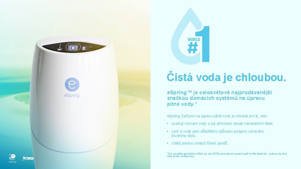 Čistá voda je chloubou. e. Spring™ je celosvětově nejprodávanější značkou domácích systémů na úpravu