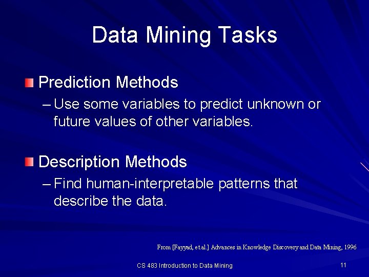 Data Mining Tasks Prediction Methods – Use some variables to predict unknown or future