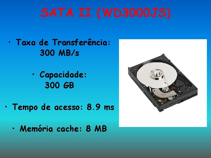 SATA II (WD 3000 JS) • Taxa de Transferência: 300 MB/s • Capacidade: 300 SATA II (WD 3000 JS) • Taxa de Transferência: 300 MB/s • Capacidade: 300