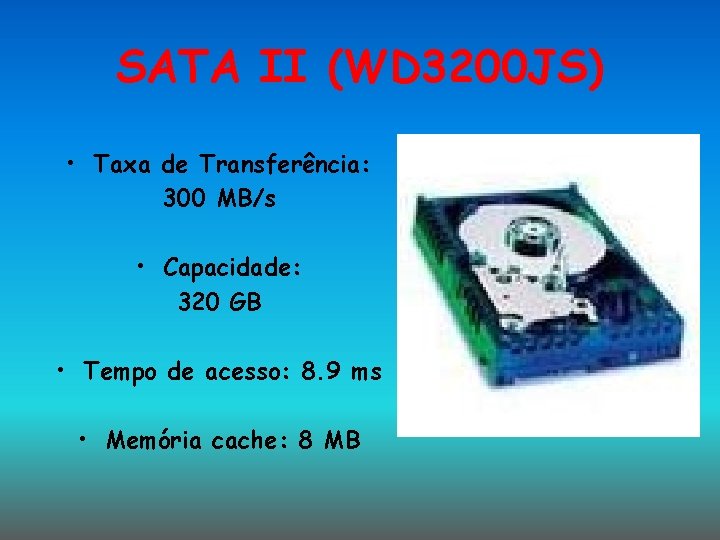 SATA II (WD 3200 JS) • Taxa de Transferência: 300 MB/s • Capacidade: 320 SATA II (WD 3200 JS) • Taxa de Transferência: 300 MB/s • Capacidade: 320