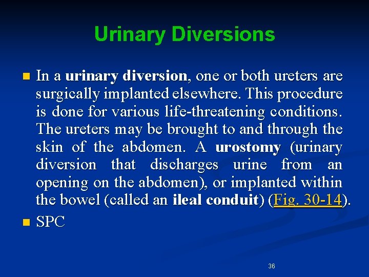 Urinary Diversions In a urinary diversion, one or both ureters are surgically implanted elsewhere.
