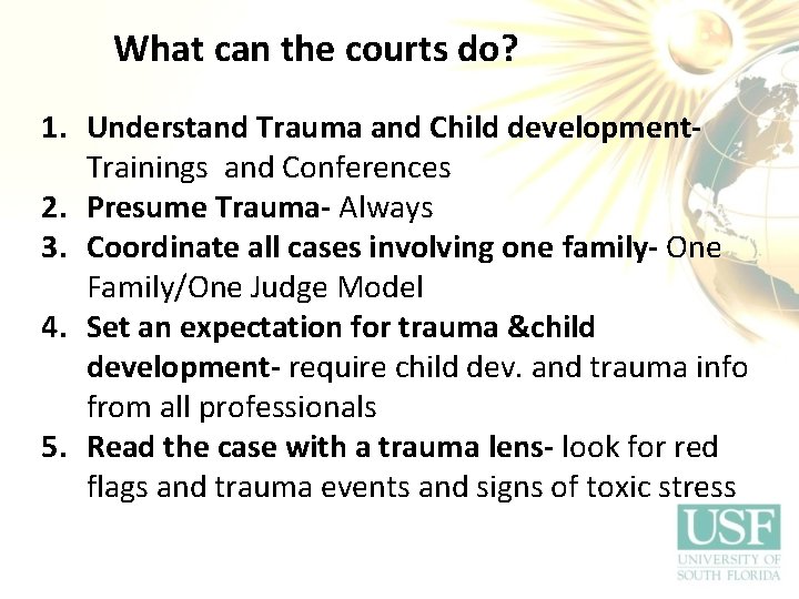  What can the courts do? 1. Understand Trauma and Child development- Trainings and