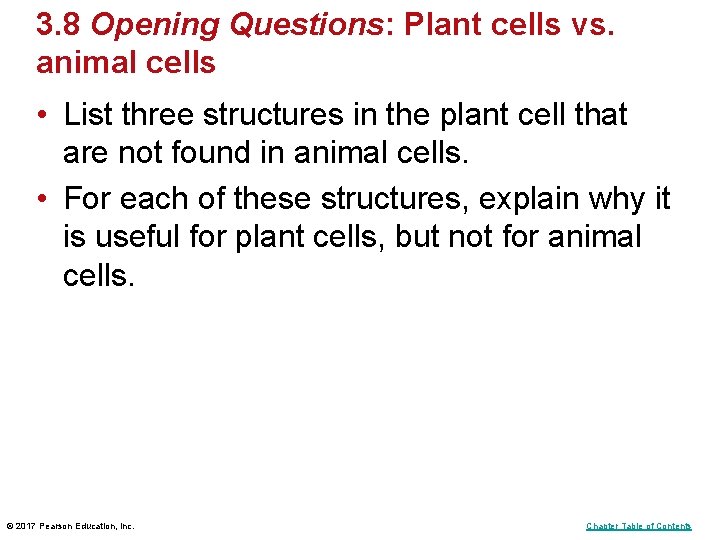 3. 8 Opening Questions: Plant cells vs. animal cells • List three structures in