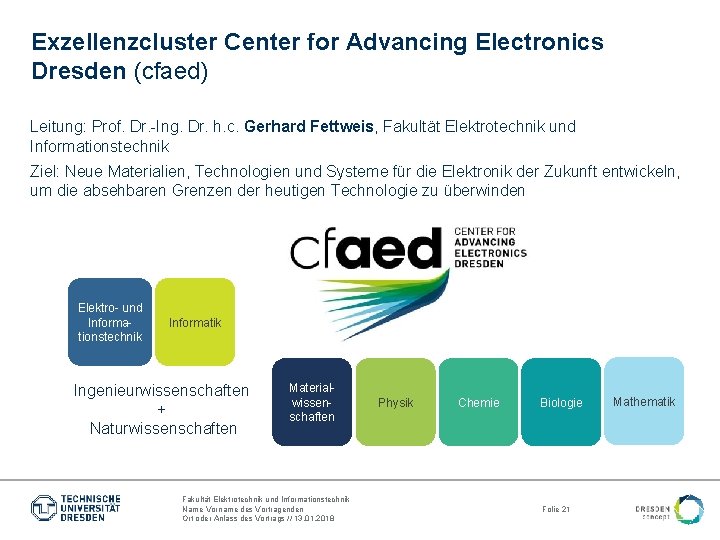 Exzellenzcluster Center for Advancing Electronics Dresden (cfaed) Leitung: Prof. Dr. -Ing. Dr. h. c.
