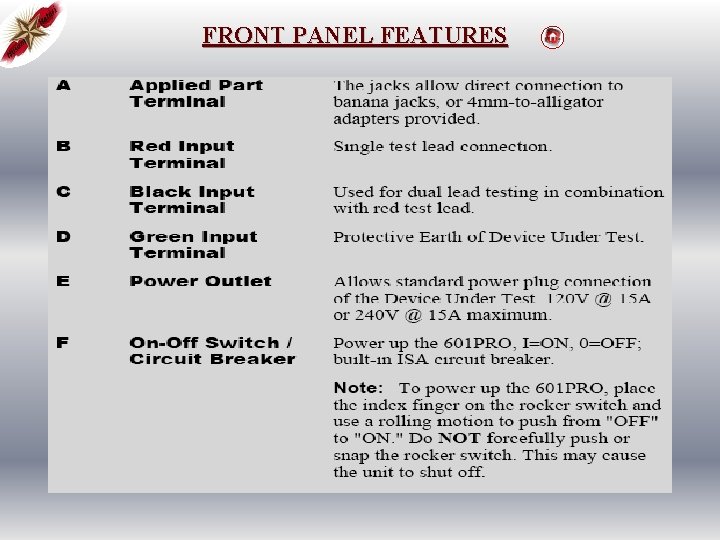 FRONT PANEL FEATURES 