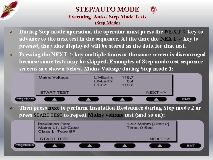 STEP/AUTO MODE Executing Auto / Step Mode Tests (Step Mode) v v v During