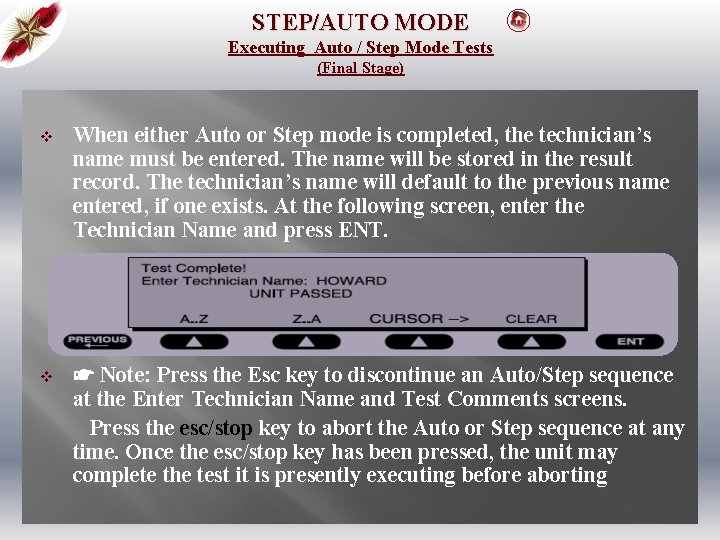 STEP/AUTO MODE Executing Auto / Step Mode Tests (Final Stage) v When either Auto