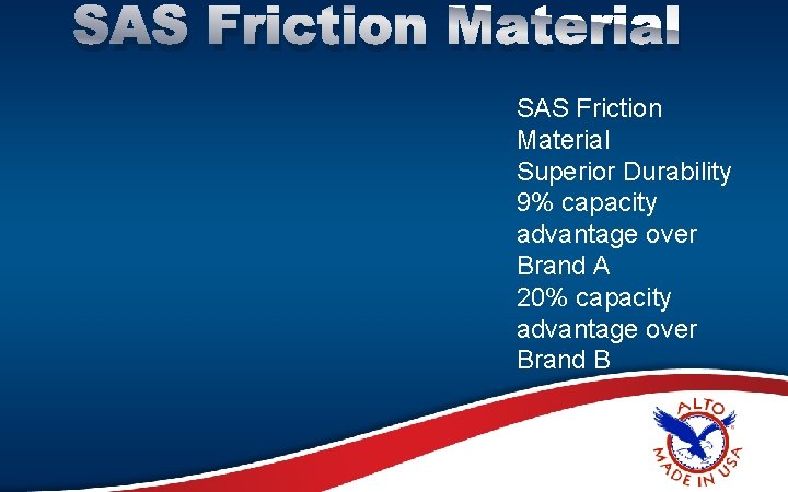 SAS Friction Material Superior Durability 9% capacity advantage over Brand A 20% capacity advantage
