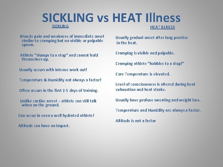 SICKLING vs HEAT Illness SICKLING HEAT ILLNESS Muscle pain and weakness of immediate onset