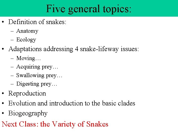 Five general topics: • Definition of snakes: – Anatomy – Ecology • Adaptations addressing