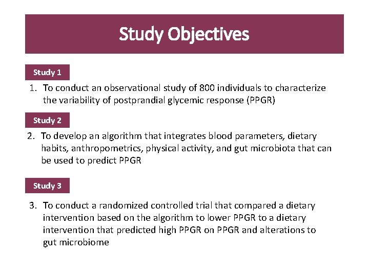 Study Objectives Study 1 1. To conduct an observational study of 800 individuals to