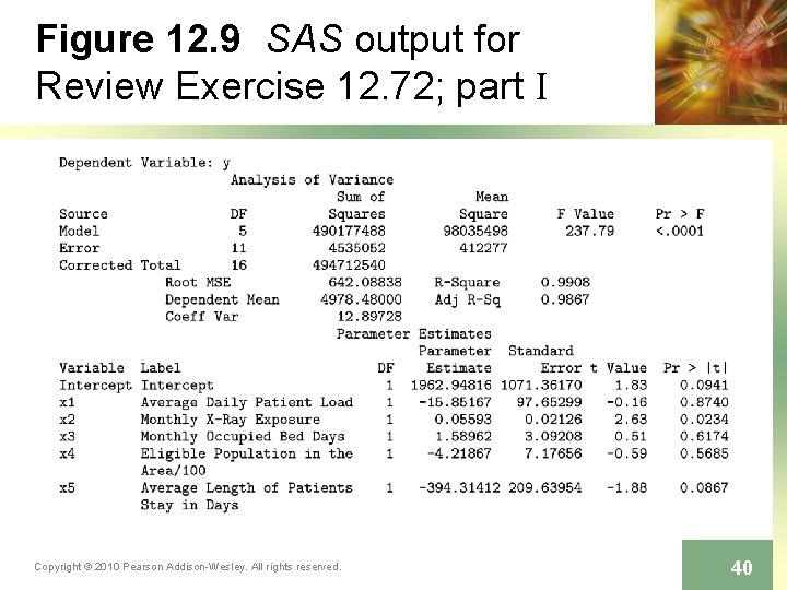 Figure 12. 9 SAS output for Review Exercise 12. 72; part I Copyright ©