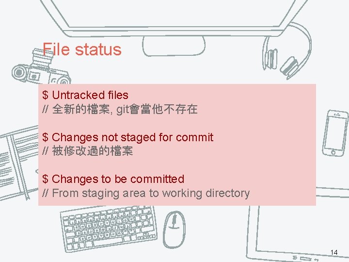 File status $ Untracked files // 全新的檔案, git會當他不存在 $ Changes not staged for commit