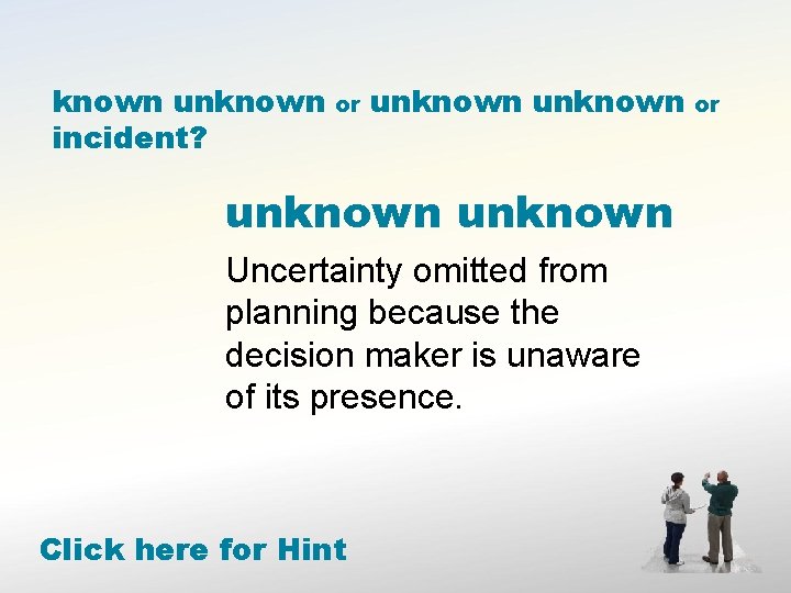 known unknown incident? or unknown Uncertainty omitted from planning because the decision maker is