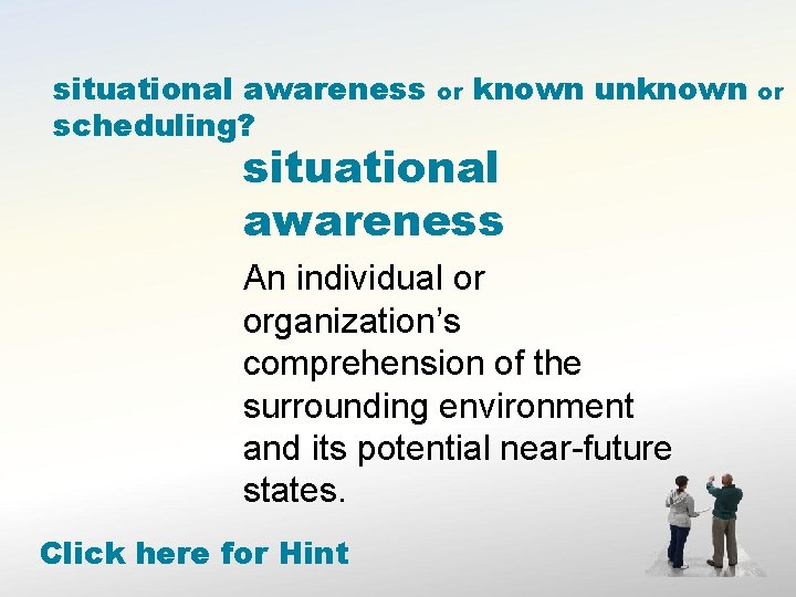 situational awareness scheduling? or known unknown situational awareness An individual or organization’s comprehension of