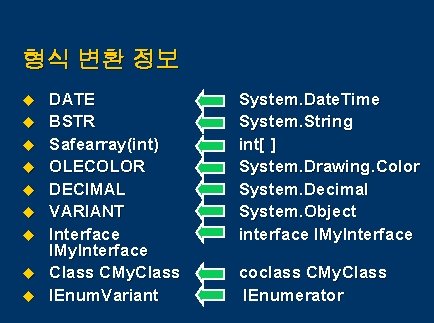 형식 변환 정보 u u u u u DATE BSTR Safearray(int) OLECOLOR DECIMAL VARIANT