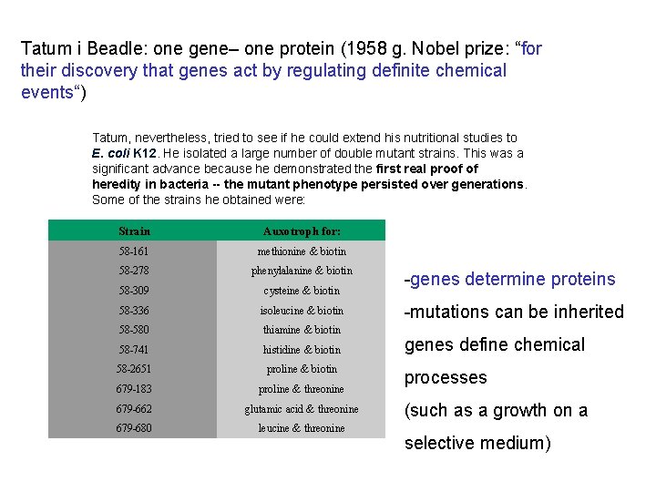 Tatum i Beadle: one gene– one protein (1958 g. Nobel prize: “for their discovery
