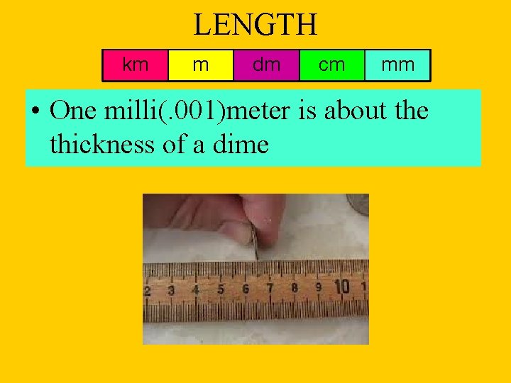 LENGTH km m dm cm mm • One milli(. 001)meter is about the thickness