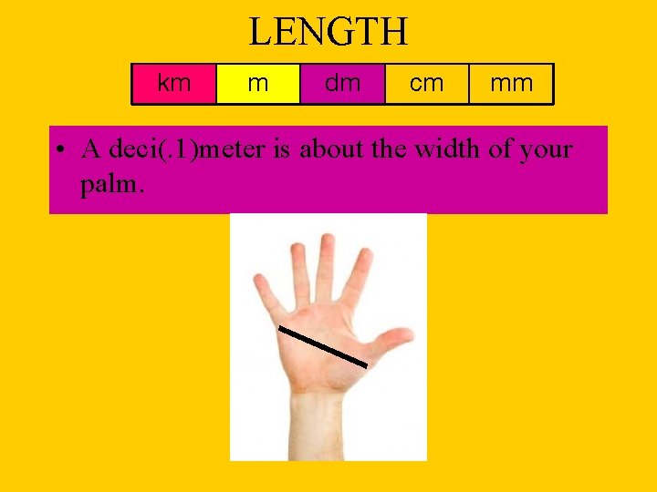 LENGTH km m dm cm mm • A deci(. 1)meter is about the width