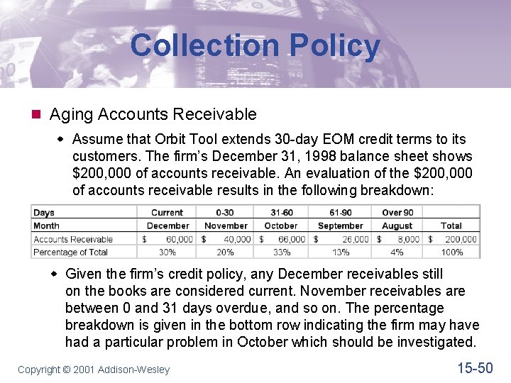 Collection Policy n Aging Accounts Receivable w Assume that Orbit Tool extends 30 -day