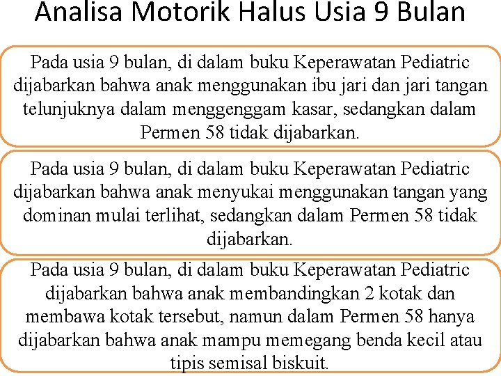 Analisa Motorik Halus Usia 9 Bulan Pada usia 9 bulan, di dalam buku Keperawatan