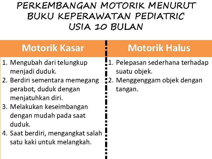 PERKEMBANGAN MOTORIK MENURUT BUKU KEPERAWATAN PEDIATRIC USIA 10 BULAN Motorik Kasar Motorik Halus 1.