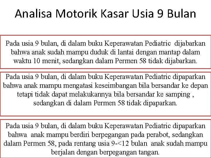 Analisa Motorik Kasar Usia 9 Bulan Pada usia 9 bulan, di dalam buku Keperawatan