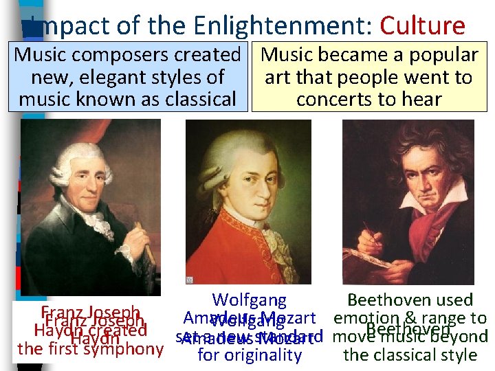 Impact of the Enlightenment: Culture Music composers created Music became a popular new, elegant Impact of the Enlightenment: Culture Music composers created Music became a popular new, elegant