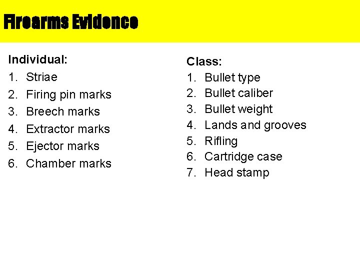 Firearms Evidence Individual: 1. Striae 2. Firing pin marks 3. Breech marks 4. Extractor