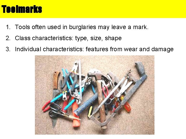 Toolmarks 1. Tools often used in burglaries may leave a mark. 2. Class characteristics: