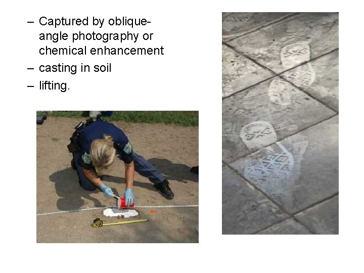 – Captured by obliqueangle photography or chemical enhancement – casting in soil – lifting.