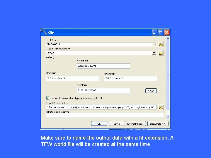 Make sure to name the output data with a tif extension. A TFW world Make sure to name the output data with a tif extension. A TFW world