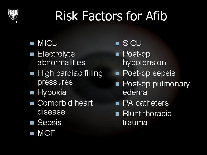 Risk Factors for Afib ICU n n n n MICU Electrolyte abnormalities High cardiac