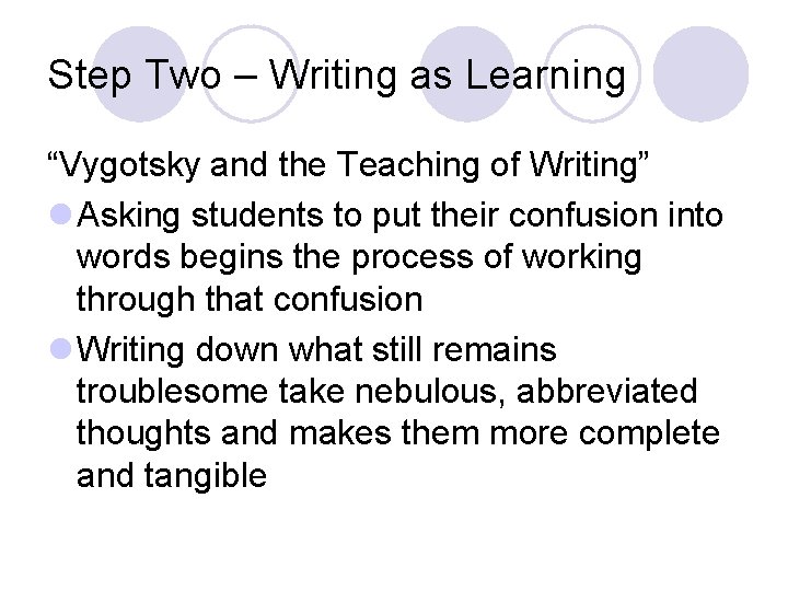 Step Two – Writing as Learning “Vygotsky and the Teaching of Writing” l Asking