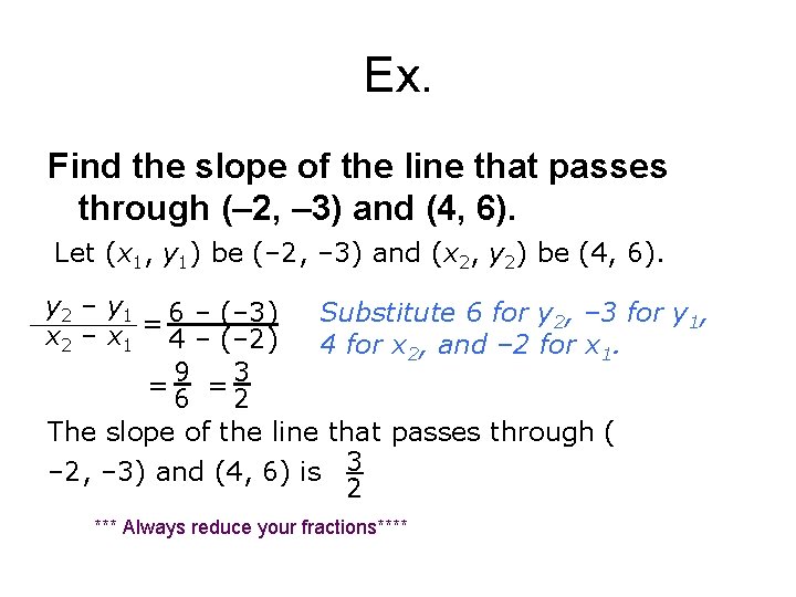 Ex. Find the slope of the line that passes through (– 2, – 3)
