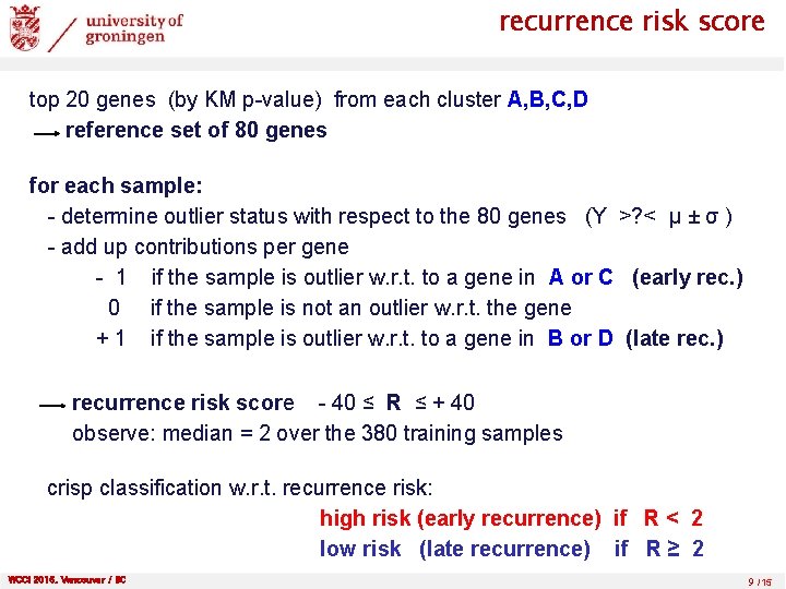 recurrence risk score top 20 genes (by KM p-value) from each cluster A, B,