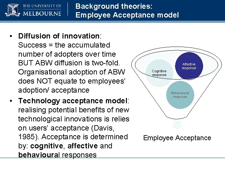 Background theories: Employee Acceptance model • Diffusion of innovation: Success = the accumulated number