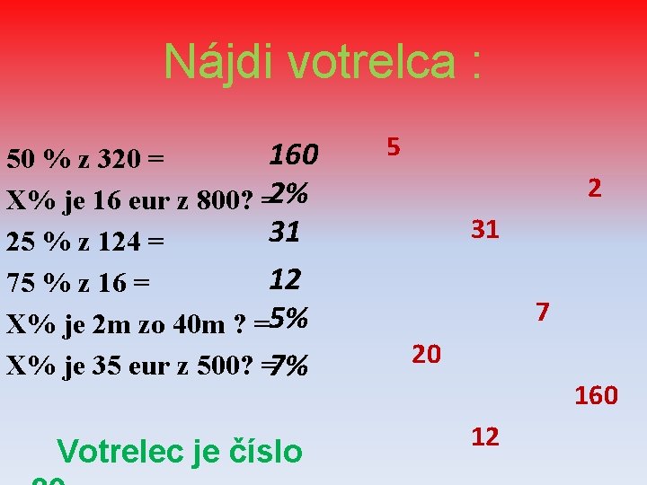 Nájdi votrelca : 160 50 % z 320 = X% je 16 eur z