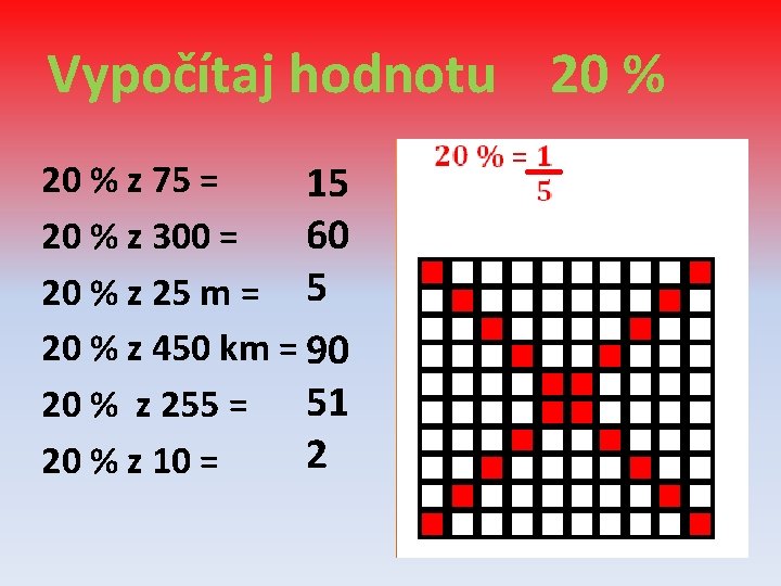 Vypočítaj hodnotu 20 % z 75 = 15 60 20 % z 300 =