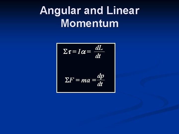 Angular and Linear Momentum d. L S t = Ia = dt dp SF Angular and Linear Momentum d. L S t = Ia = dt dp SF