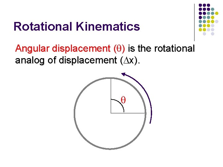 Rotational Kinematics Angular displacement ( ) is the rotational analog of displacement (∆x). Rotational Kinematics Angular displacement ( ) is the rotational analog of displacement (∆x).
