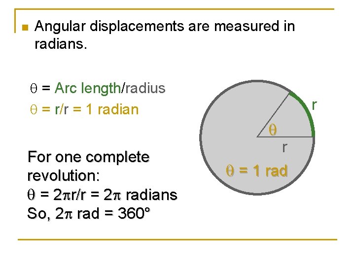 n Angular displacements are measured in radians. = Arc length/radius = r/r = 1 n Angular displacements are measured in radians. = Arc length/radius = r/r = 1