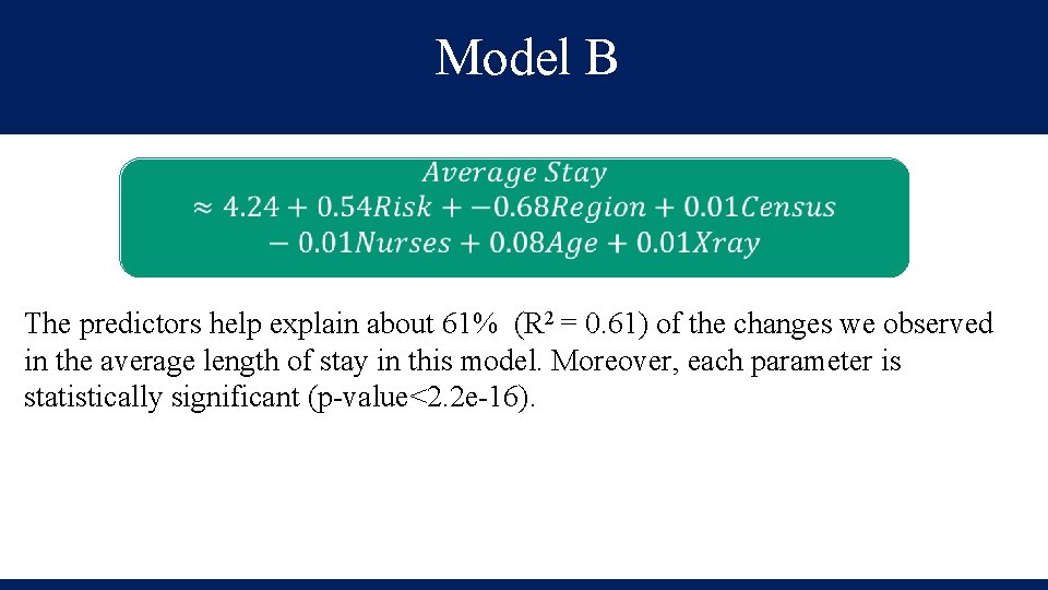 Model B The predictors help explain about 61% (R 2 = 0. 61) of