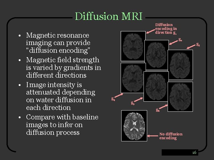 Diffusion MRI • Magnetic resonance imaging can provide “diffusion encoding” • Magnetic field strength