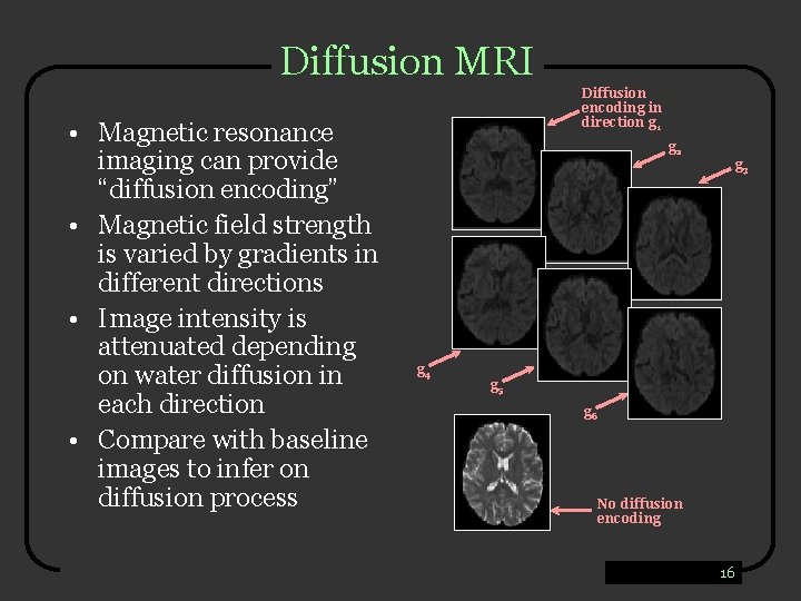 Diffusion MRI • Magnetic resonance imaging can provide “diffusion encoding” • Magnetic field strength