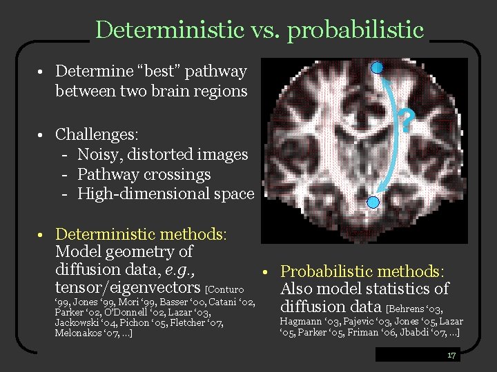 Deterministic vs. probabilistic • Determine “best” pathway between two brain regions • Challenges: -