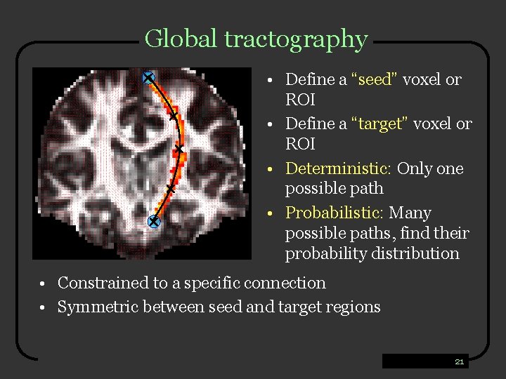 Global tractography • Define a “seed” voxel or ROI • Define a “target” voxel