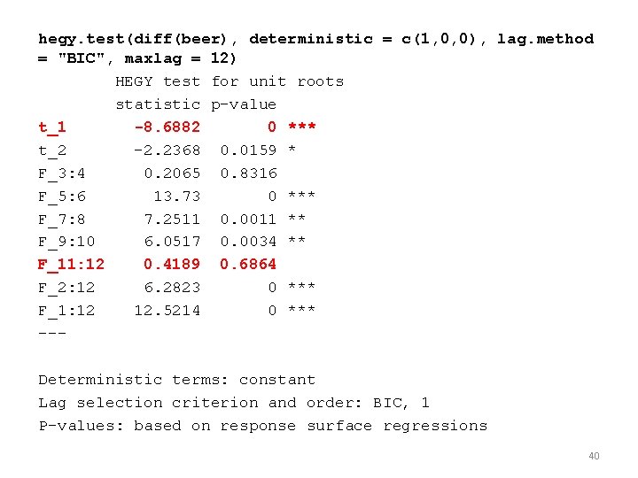 hegy. test(diff(beer), deterministic = c(1, 0, 0), lag. method = "BIC", maxlag = 12)